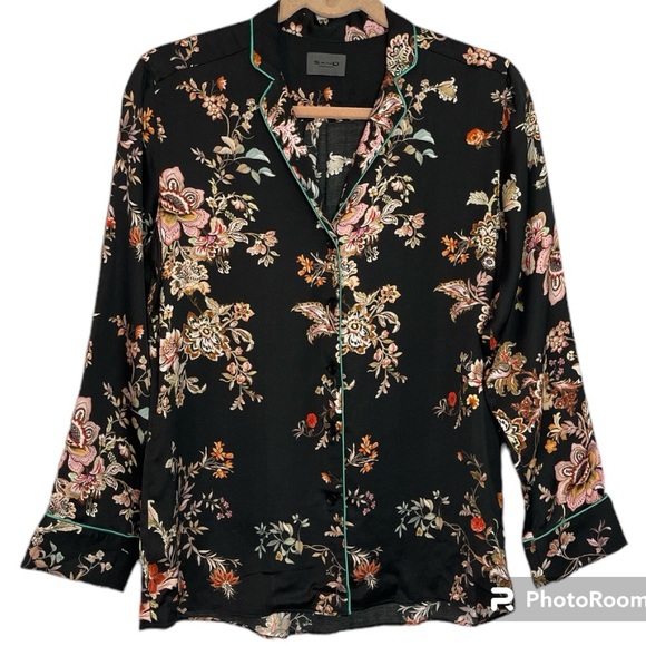 Sand Copenhagen Viscose Black Floral Print Pajama Style Button Up Top Size XS - Picture 1 of 4